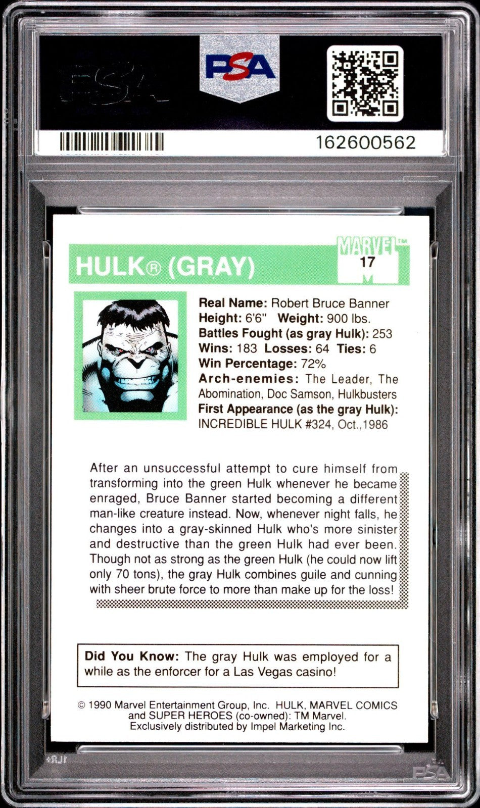 1990 Impel Marvel Universe Hulk (Gray) #17 PSA EX-MT 6