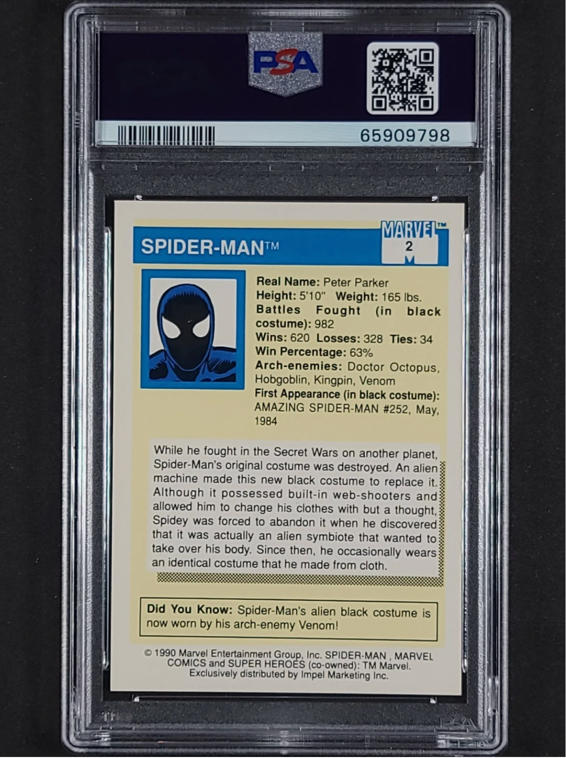 1990 Marvel Universe Spider-Man #2 PSA 10 Gem Mint 💎 Black Costume! Now Venom