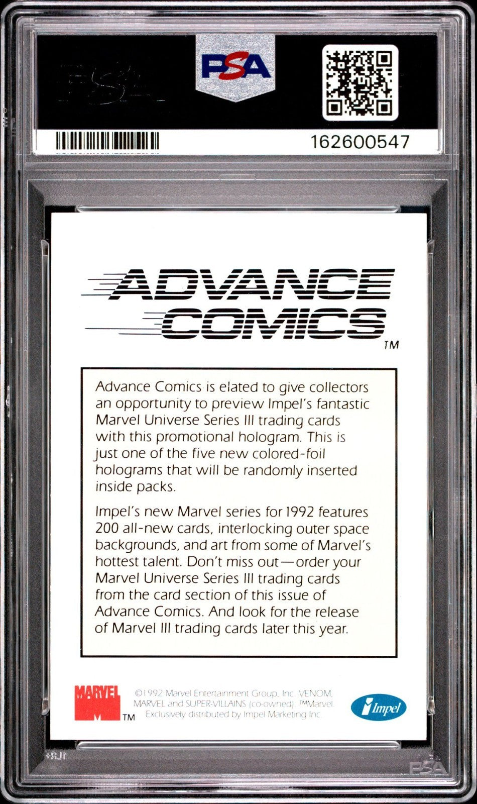 1992 MARVEL UNIVERSE PROMO PROMO-HOLOGRAM VENOM PSA NM 7