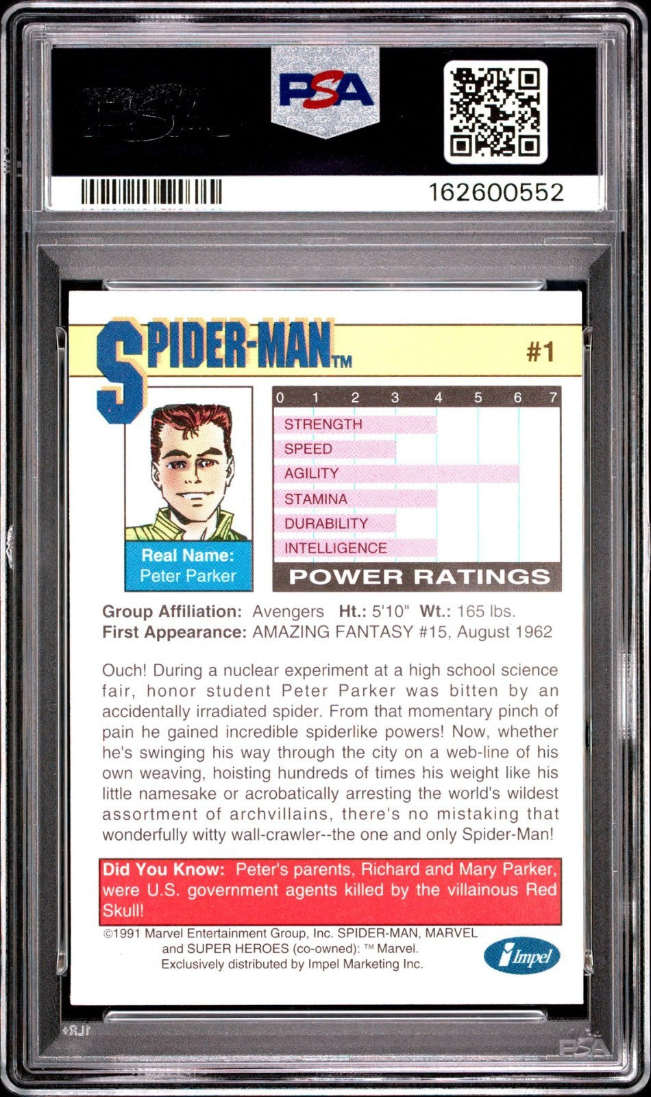 1991 MARVEL UNIVERSE #1 SPIDER-MAN PSA 4