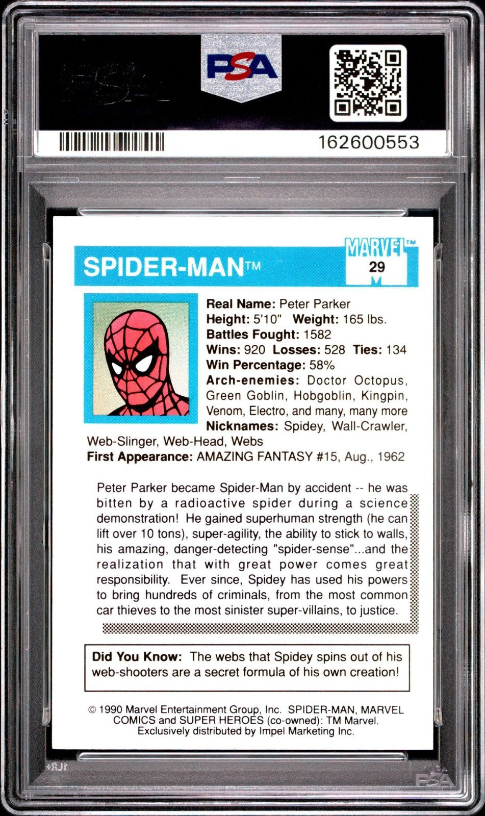 1990 Impel Marvel Universe | Super Heroes | Spider-Man #29 | PSA 7 NM
